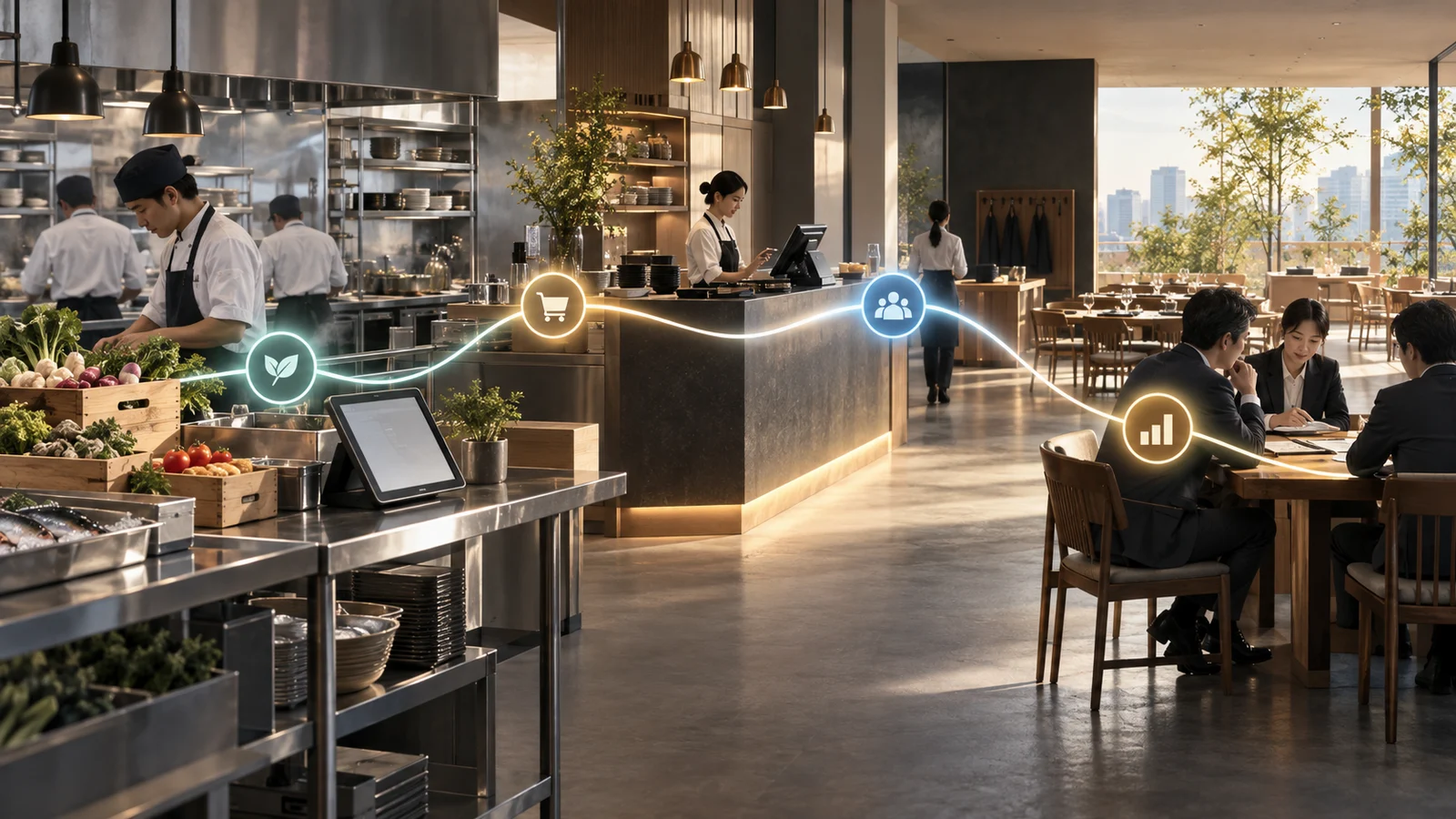 仕入のデータが、店舗経営へ接続する。を表現した編集イメージ(AI生成)