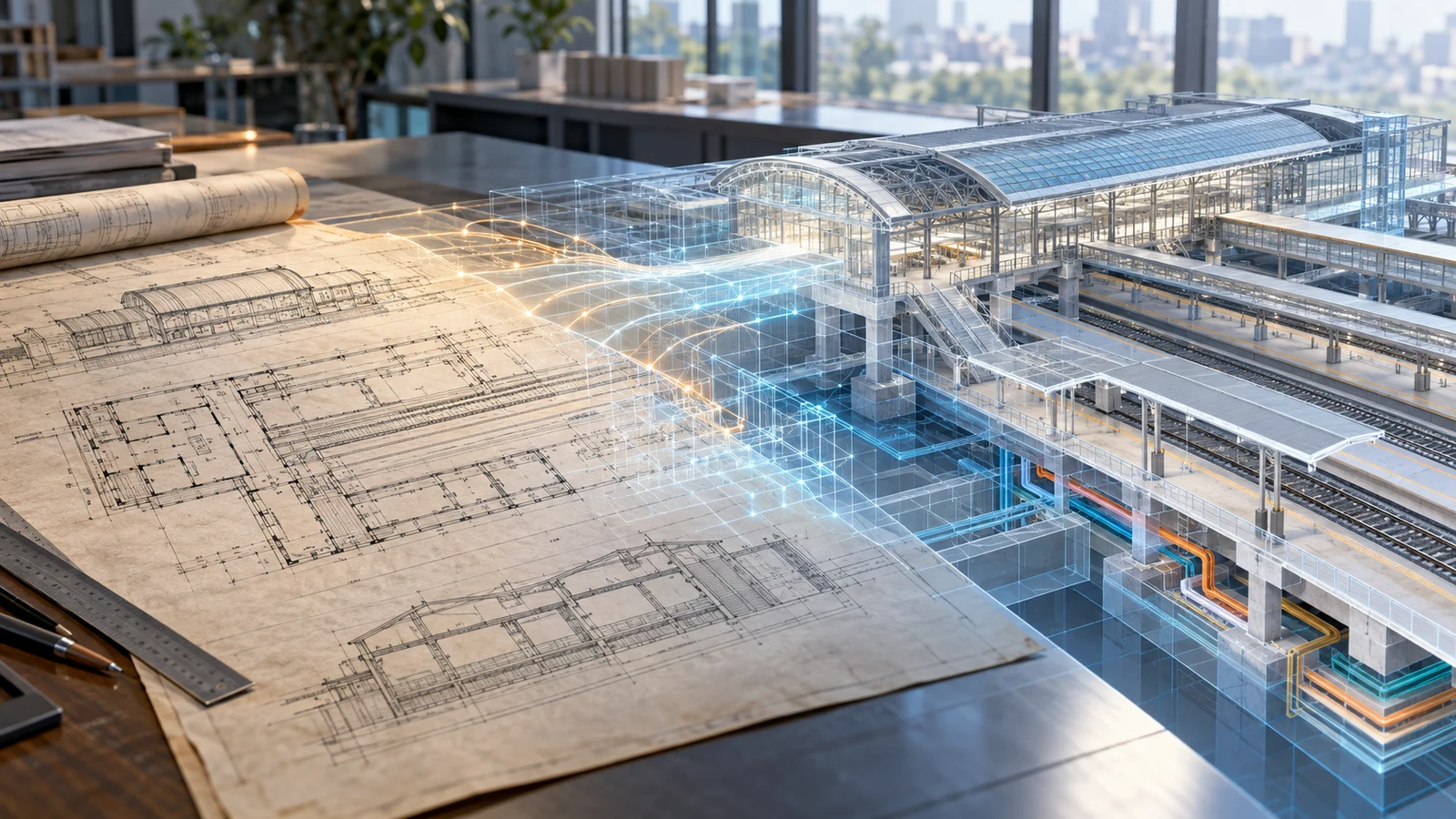 図面からBIMへ、維持管理の効率化を検証を表現した編集イメージ(AI生成)