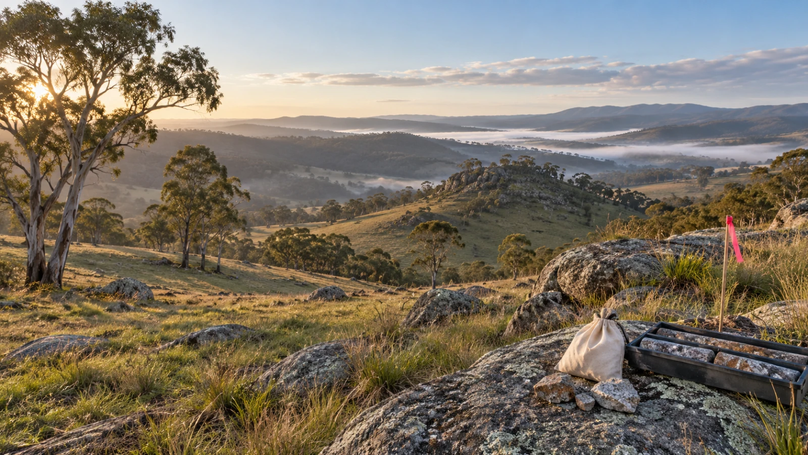 豪NSW・VIC州境の探鉱エリアのイメージ（AI生成）。MOU対象は約1,413km²、Farm-in/JVは未成立。を表現した編集イメージ（AI生成）