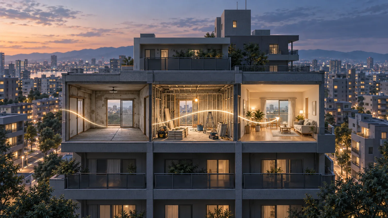 中古マンションを仕入れ、直し、次の住まい手へを表現した編集イメージ(AI生成)