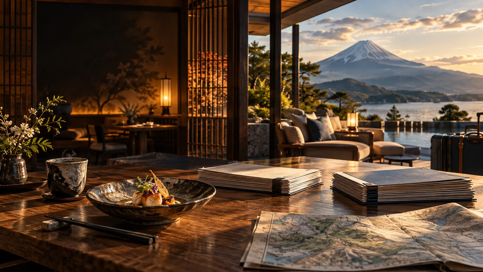 地域の食文化を編集する力と訪日富裕層向け旅行販売の接点を、所有者変更後の事業適合性という分析テーマとして見せる。暖かな地域の食卓と上質な旅行空間を対比し、書類の再整理で事業の引き継ぎとポートフォリオ再編を示す。を表現した編集イメージ(AI生成)