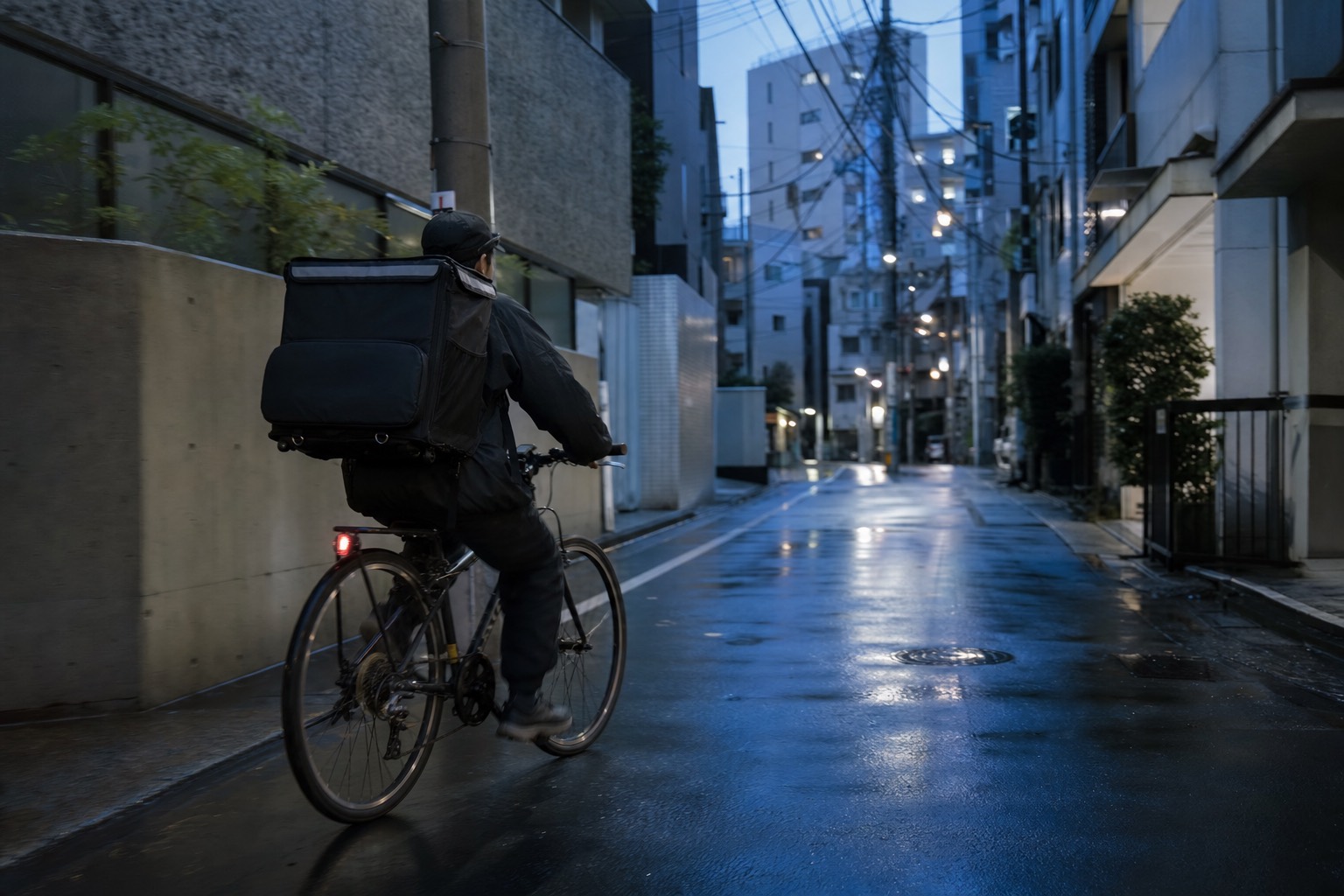 夕暮れの路地を走るフードデリバリーの配達員